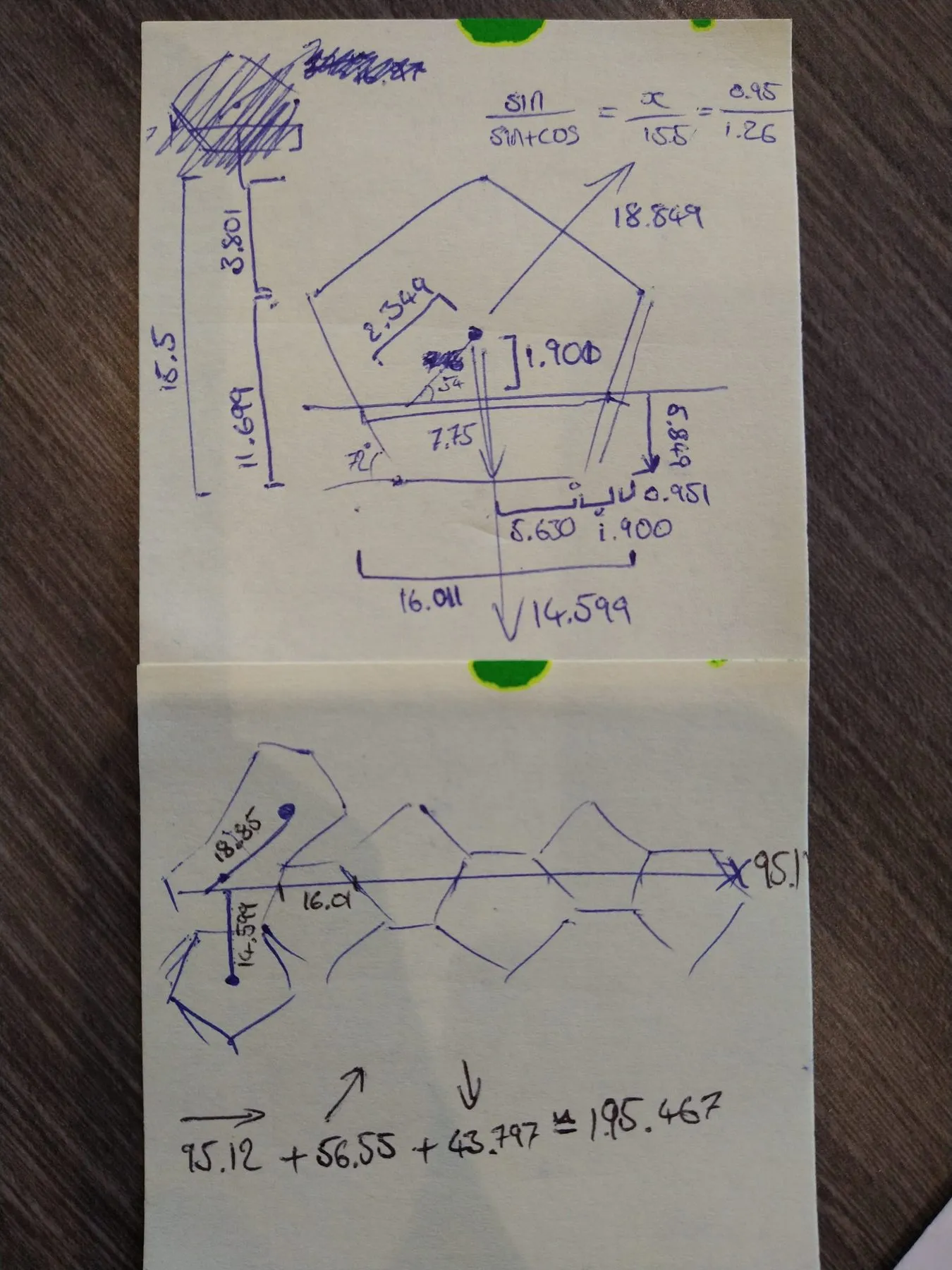 Hand-drawn plans and measurements for the pentagon layout on a sheet of plywood