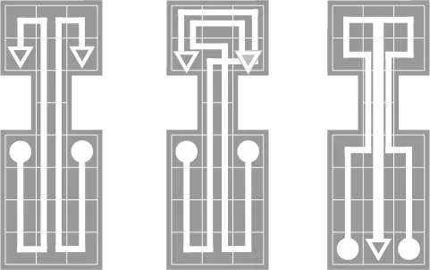 Three alternative paths around the board. Each starts at a solid circle and ends at a hollow triangle.